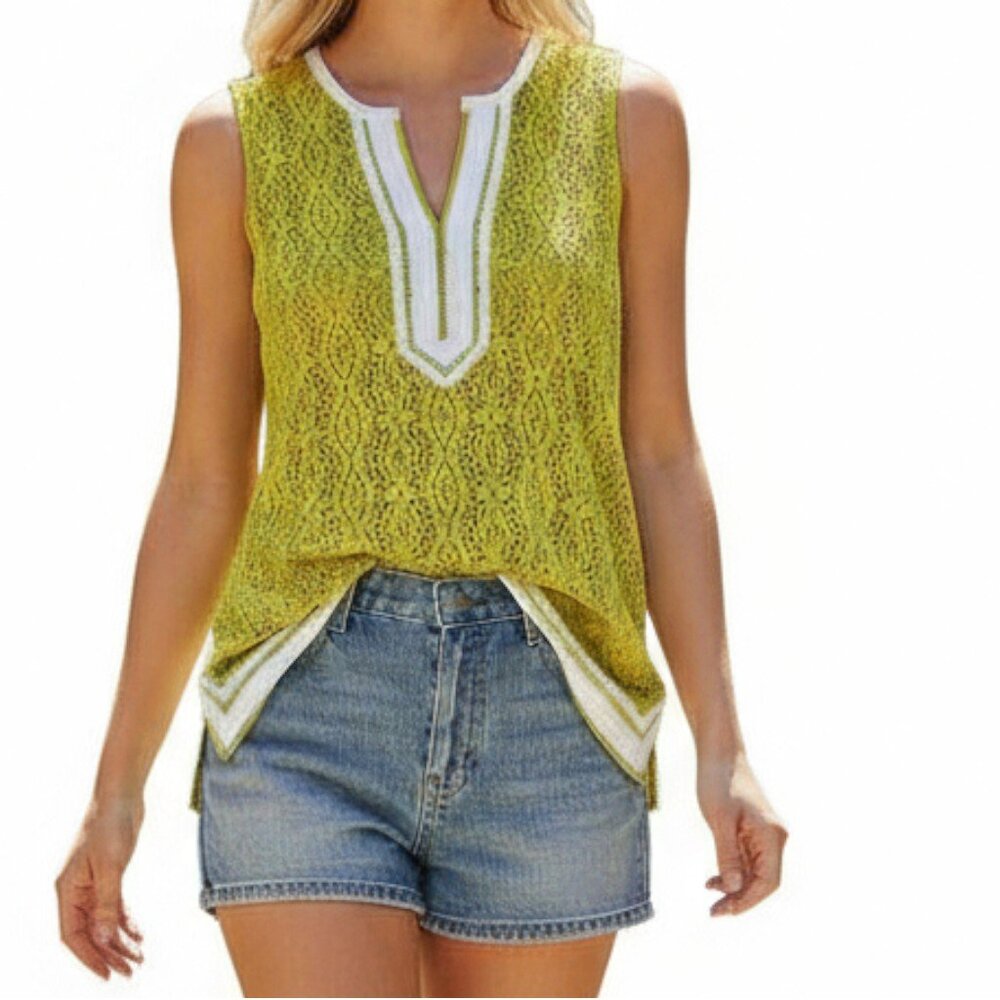 PECK & PECK Yellow Green White Sleeveless Lace Top with Matching Tank - Med